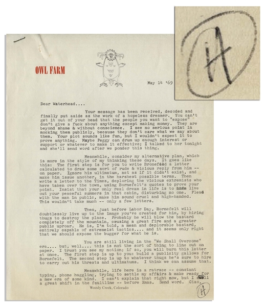 Hunter S. Thompson Letter Signed -- ''...the people you want to 'expose' don't give a fuck about anything except making money. They are beyond shame & without conscience...''